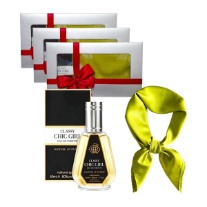 3 x Set Elysa – Apa de Parfum Classy Chic Girl Fragrance World 50ml, Esarfa satinata verde
