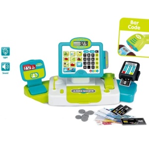 Casa de marcat interactiva cu ecran tactil, LCD electronic, sertar de bani, sunete si lumini, scanner, cititor de carduri, bancnote, monede si cantar