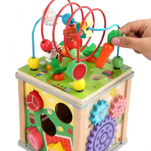 Centru din lemn educativ Montessori, Cub activitati bebelusi 7 in 1, labirint, fructe, viermisori, morcovi, sortator de fructe, xilofon, ceas, roti zimtate - Img 4