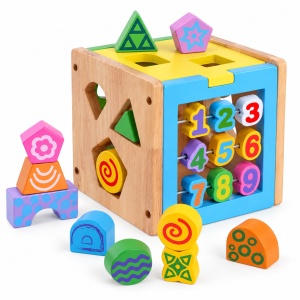 Cub educativ Montessori din lemn, sortator de forme, cifre si activitati ferma, 23,5 x 14 x 16 cm, Multicolor