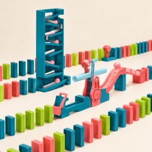 Joc Domino cu bile si reactie in lant, 120 piese domino, turn si rampe, multicolor - Img 4