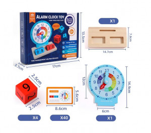 Jucarie Educativa si Interactiva Montessori, Ceas din Lemn cu Alarma, Diferite Forme Geometrice si Cartonase Multicolore - Img 3