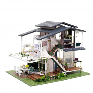 Kit DIY de Casa Miniatura din Lemn cu Mobilier - Constructie in Stil Francez cu Accesorii si LED