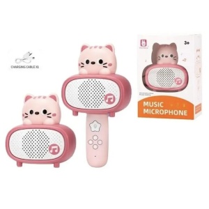 Microfon Bluetooth pentru copii Pink Cat – difuzor wireless cu efecte sonore si cablu de incarcare