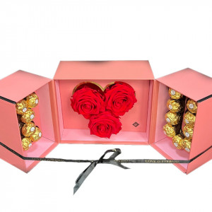 Pachet cadou I Love you, format din 3 trandafiri criogenati si praline Ferrero Rocher, Roz - Img 2