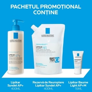 Pachet Crema de spalare Lipikar Syndet AP+, 400 ml + Rezerva, 400 ml + Balsam Lipikar Baume Light AP+M, 15 ml, La Roche-Posay