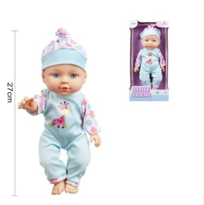 Papusa bebelus Little Friend cu costum albastru si imprimeu girafa, 27 cm