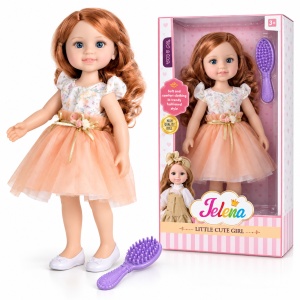 Papusa Jelena cu par ondulat, rochie din tul si perie inclusa, 38 cm, Piersica/Crem, 3 ani+