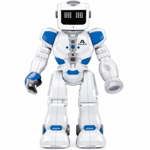 Robot interactiv cu telecomanda, programabil, cu lumini si sunete, Alb/Albastru