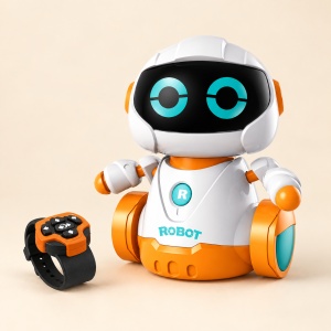 Robot interactiv pentru copii, cu telecomanda tip ceas, lumini si sunete, Alb/Portocaliu - Img 6