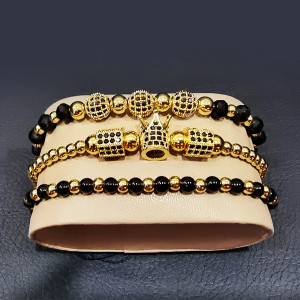 Set 3 bratari Iconic din otel inoxidabil, onix si zirconiu, Unisex, gold - Img 4