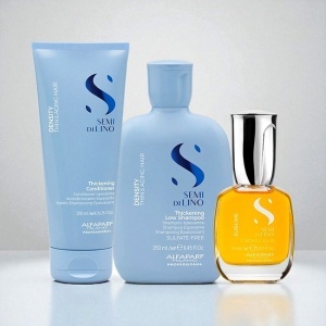 Set Alfaparf Semi di Lino Density Thickening, Sampon 250 ml + Balsam 200 ml + Ulei iluminator Cristalli Liquidi 15 ml