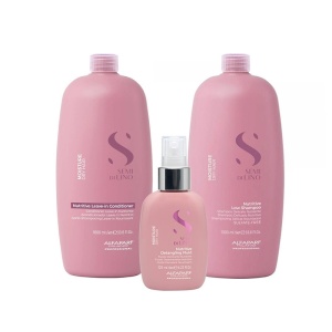 Set Alfaparf Semi di Lino Moisture – Sampon nutritiv 1000 ml + Balsam leave-in 1000 ml + Fluid descurcare 125 ml
