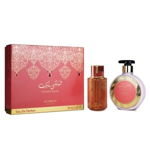 Set cadou Arabiyat Prestige Lychee Musk, Unisex, Apa de Parfum, 100 ml + Lotiune de corp, 300 ml