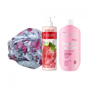 Set cadou Balsam hidratant pentru corp, Sunshine Ready!, Eveline Cosmetics, 350 ml + Cremă hidratantă cu iaurt de corp 99% Natural Strawberry Smoothing, 400 ml + Esarfa