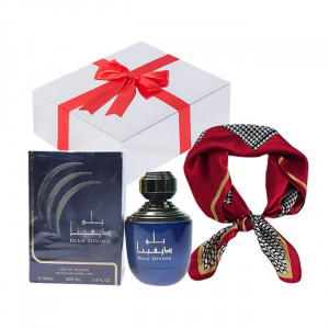 Set cadou Essence&Shawl: parfum Ard Al Zaafaran Blue Divina + esarfa satinata + cutie cadou cu funda 