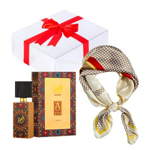Set cadou Essence Shawl parfum Lattafa Ajwad esarfa satinata cutie cadou cu funda.jpg