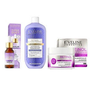 Set cadou Eveline Retinol Pro Care Crema de noapte pentru primele riduri, 50 ml + Ser reparator pentru fata Super Duet cu retinol, 18 ml + Lapte de corp netezitor ultra-bogat Retinol & Niacynamid, 350 ml