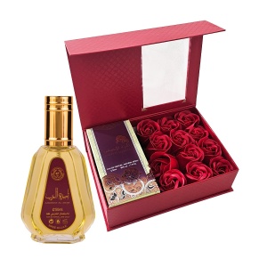 Set cadou Giftoria Apa de Parfum Ard al Zaafaran Ameerat al Arab, 50 ml si  Cutie cu trandafiri