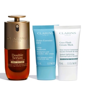 Set Clarins Double Serum Light Collection, Femei – Serum Antirid 50 ml + Hydra-Essentiel 15 ml + Cryo-Flash Cream Mask 15 ml + Pouch