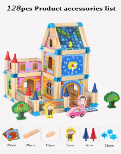 Set de 128 de piese de construit din lemn natural pentru copii, educational si creativ cu diferite ilustratii vesele - Img 2