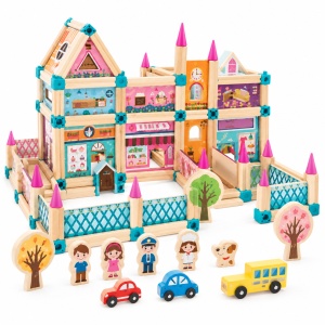 Set de constructie din lemn Oras modular, 248 piese, cu cladiri, figurine si masinute, 3 Ani+, multicolor