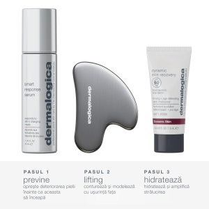 Set Dermalogica, Ser Smart Response pentru Netezire, Fermitate si Hidratare, 30 ml + Crema Hidratanta Dynamic Skin cu SPF 50, 7 ml + Piatra Gua Sha pentru Masaj Facial si Lifting