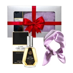 Set Elysa – Apa de Parfum Classy Chic Girl Fragrance World 50ml, Esarfa satinata lila