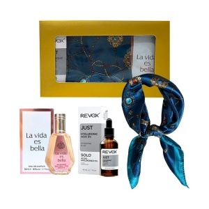 Set Elysa - Apa de Parfum La Vida es Bella 50ml Femei, Ser Revox Hyaluronic Acid 5% 30ml, Esarfa