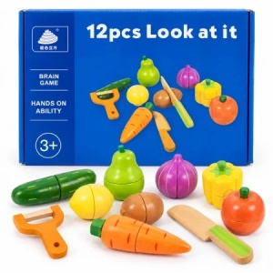 Set fructe si legume de taiat din lemn pentru copii, 12 piese, cutit si curatator, multicolor, 3+ ani - Img 2