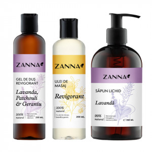 Set Gel de dus Revigorant cu Lavanda si Geraniu, Ulei de masaj Revigorant cu Lavanda si Geraniu, Sapun lichid cu Lavanda, Zanna - Img 2