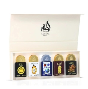 Set Lattafa Apa de Parfum Unisex – Nebras 20 ml, Art of Wood 20 ml,Art of Universe 20 ml, Ansaam Gold 20 ml, Kashan 20 ml