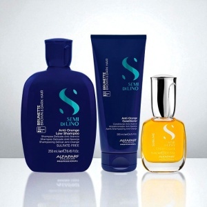 Set pentru neutralizarea tonurilor de portocaliu Alfaparf Milano Semi Di Lino Brunette, Sampon 250 ml + Balsam 200ml + Ulei iluminator Cristalli Liquidi, 15 ml