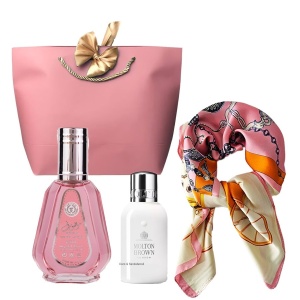 Set Smiles Apa de parfum arabesc Ard al Zaafaran 50 ml, esarfa cu matase si lotiune