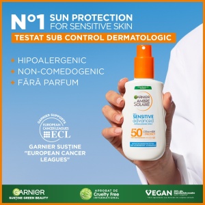 Spray de corp pentru adulti cu protectie solara SPF 50+ Sensitive Advanced Ambre Solaire, 150 ml, Garnier