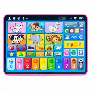 Tableta educativa interactiva in limba romana, cu animale, cifre, litere, instrumente si sunete, roz