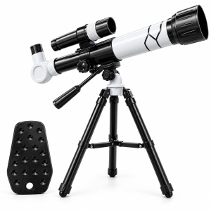 Telescop astronomic pentru copii si incepatori, cu trepied, luneta de cautare si suport pentru telefon, alb-negru