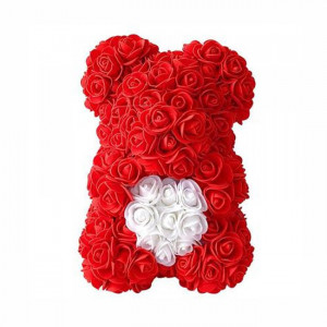 Ursulet floral 25 cm decorat manual cu trandafiri spuma, cu inima in cutie, rosu