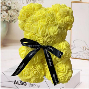 Ursulet floral din Trandafiri de spuma 25 cm, cu funda, in cutie cadou, galben