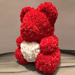 Ursulet floral rosu cu inimioara alba decorat manual cu trandafiri spuma 30 cm