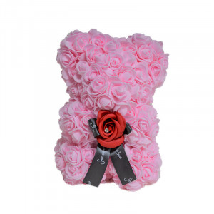 Ursulet floral roz cu trandafir rosu 25 cm, decorat manual, cutie cadou - Img 5