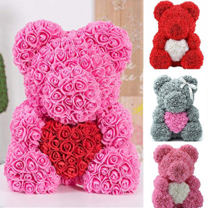 Ursulet Rose Bear din Trandafiri de spuma cu inima, in cutie cu funda, 70 cm