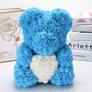 Ursulet trandafiri de spuma cu inima, in cutie cadou cu funda, 40 cm - Img 3