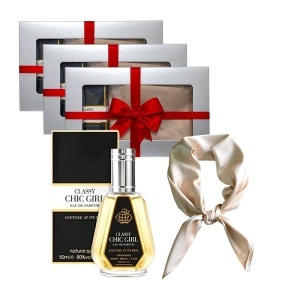 3 x Set Elysa – Apa de Parfum Classy Chic Girl Fragrance World 50ml, Esarfa satinata crem