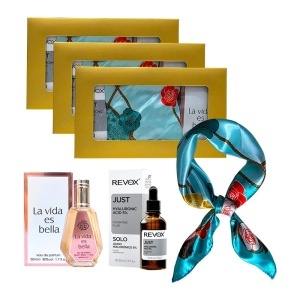 3 x Set Elysa – Parfum La Vida es Bella 50ml, Ser Revox Hyaluronic Acid 5% 30ml, Esarfa bleu