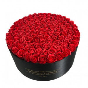 Aranjament floral cutie rotunda neagra cu 125 trandafiri de sapun - Img 4