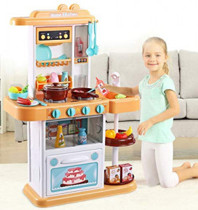 Bucatarie de jucarie Home Kitchen, cu plite din ceramica, luminite si chiuveta cu apa, 38 accesorii, Galben - Img 2