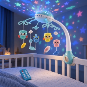 Carusel muzical pentru patut cu proiector, lumina de veghe, telecomanda si figurine rotative, albastru, 0 luni+ - Img 2