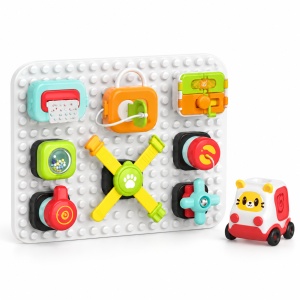 Centru de activitati pentru bebelusi cu placa modulara si masinuta, piese interactive, multicolor, 18 luni+