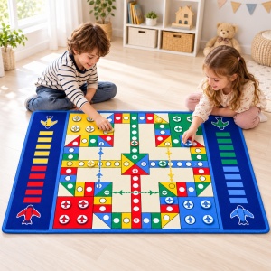 Covor de joaca reversibil 2 in 1, joc Ludo si traseu auto, 180 x 120 cm, 16 pioni, multicolor - Img 3